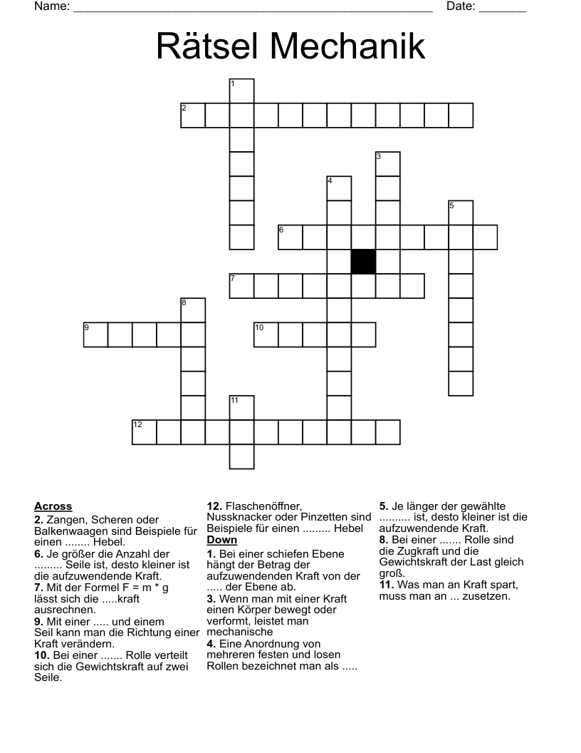 Rätsel Mechanik Crossword