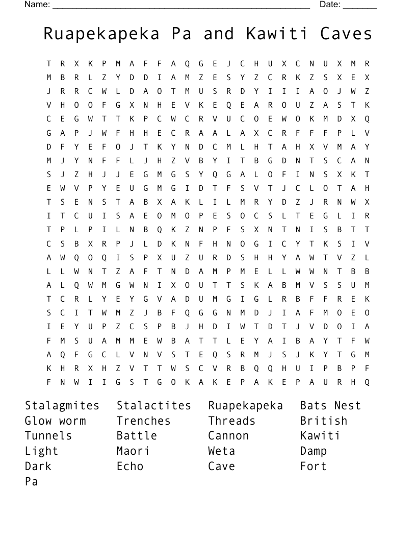 Ruapekapeka Pa and Kawiti Caves Word Search