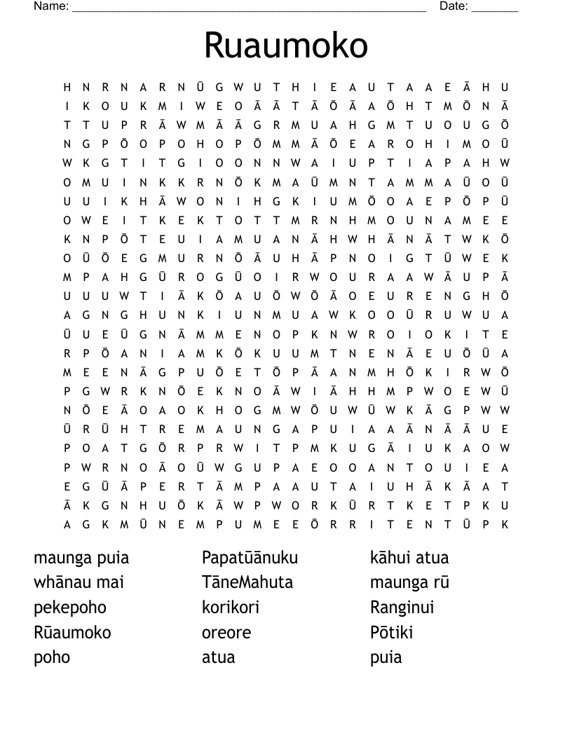 Ruaumoko Word Search