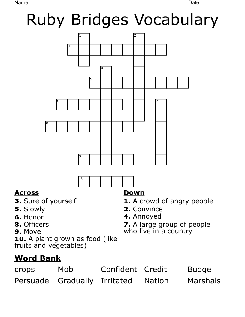 Ruby Bridges Vocabulary Crossword