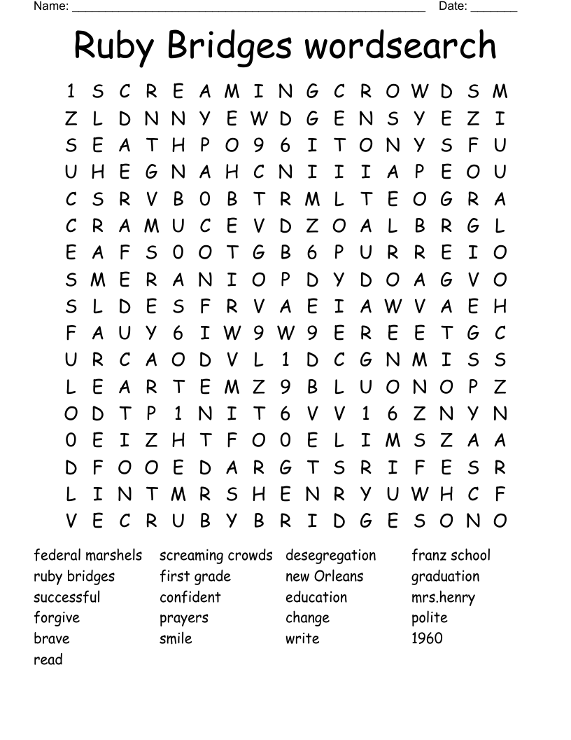 Ruby Bridges wordsearch 
