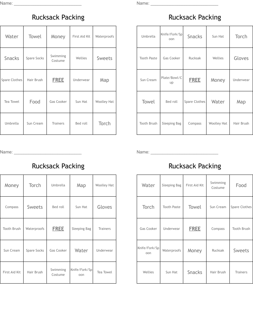 Rucksack Packing Bingo Cards