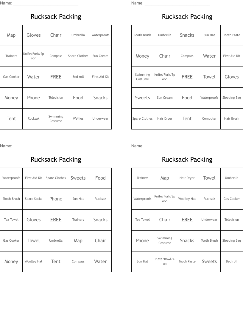 Rucksack Packing Bingo Cards