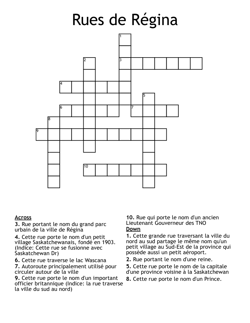 Rues de Régina Crossword