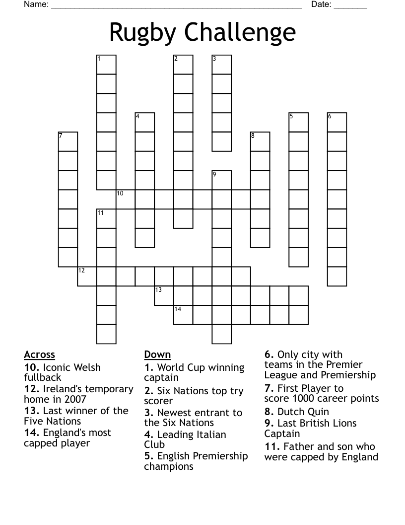 Rugby Challenge Crossword