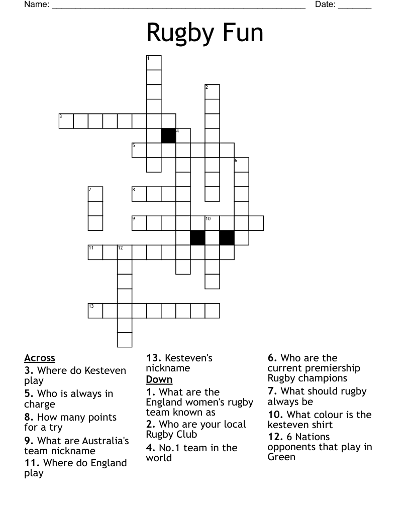 Rugby Fun Crossword