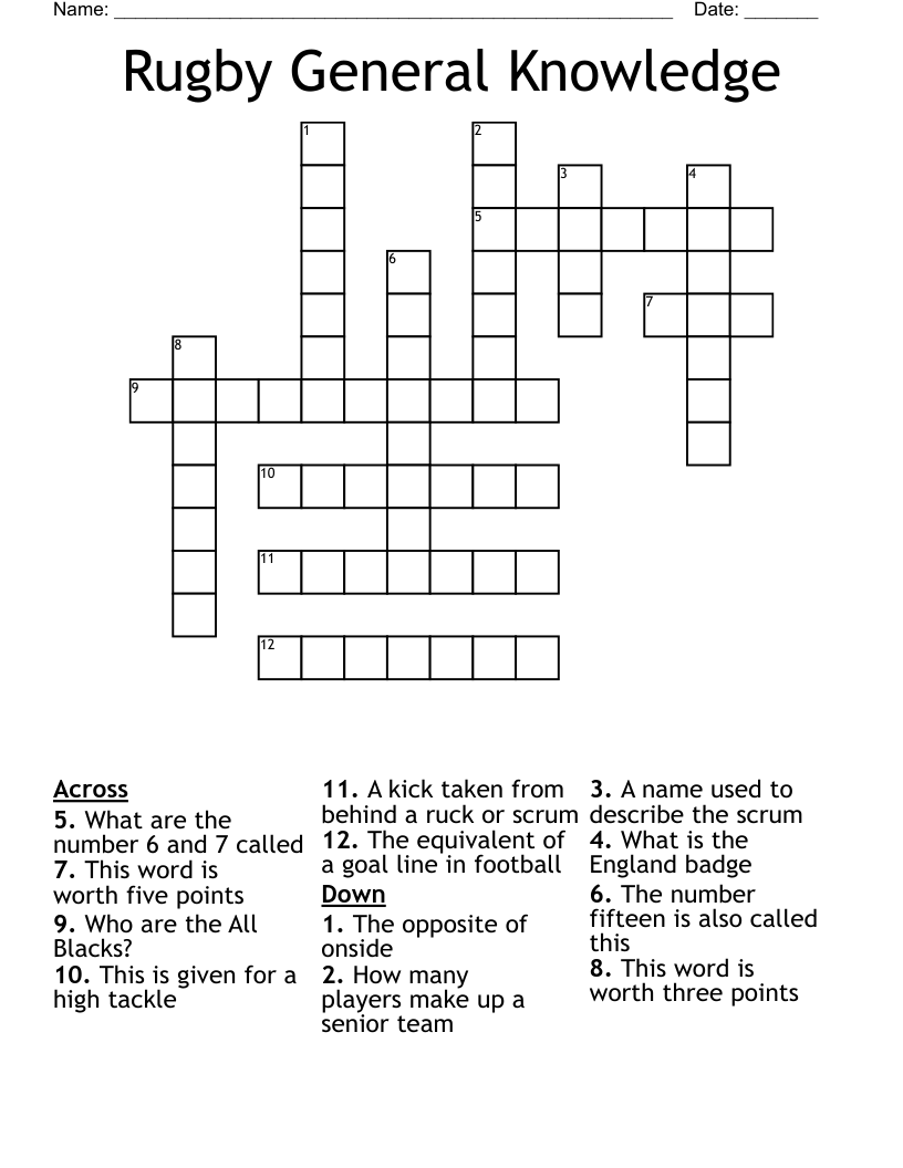 Rugby General Knowledge  Crossword