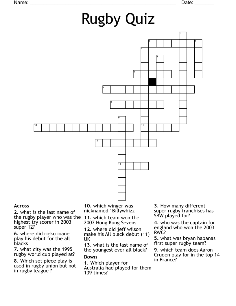 Rugby Quiz Crossword