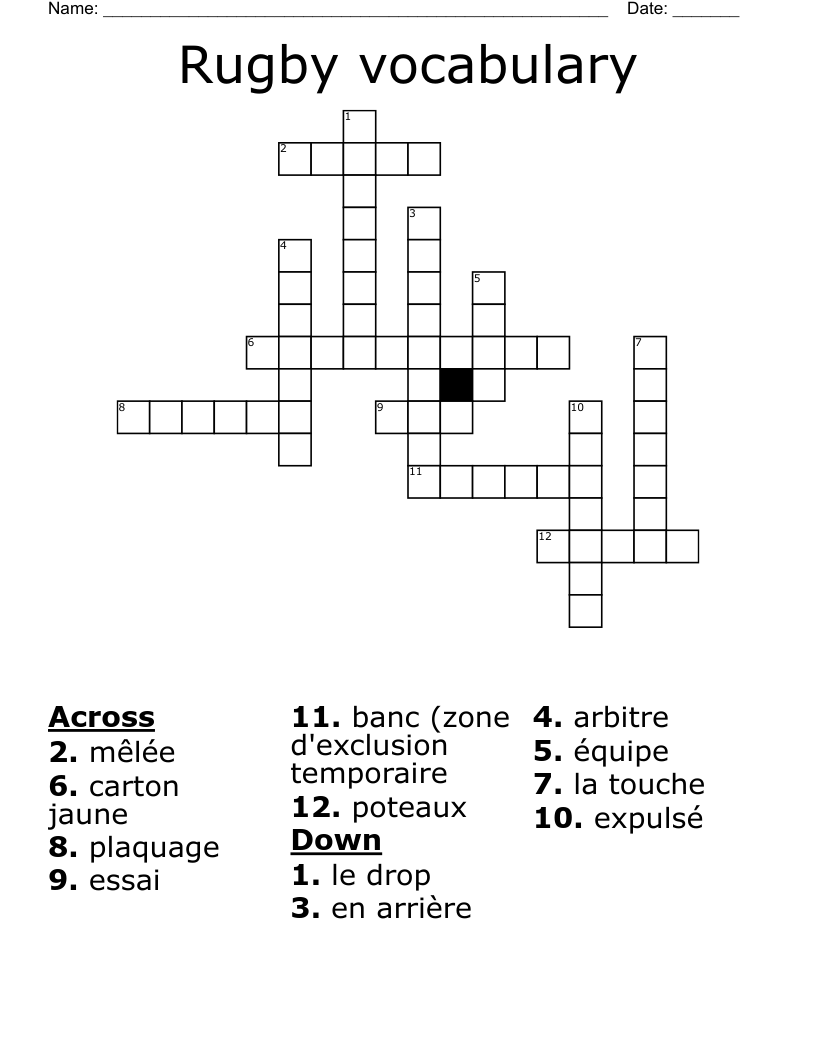 Rugby vocabulary Crossword