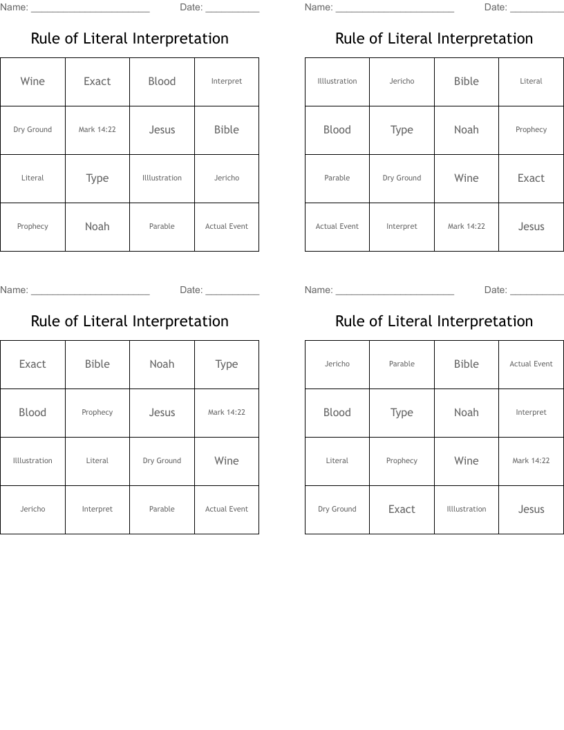 Rule of Literal Interpretation Bingo Cards