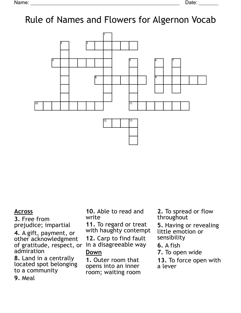 Rule of Names and Flowers for Algernon Vocab Crossword
