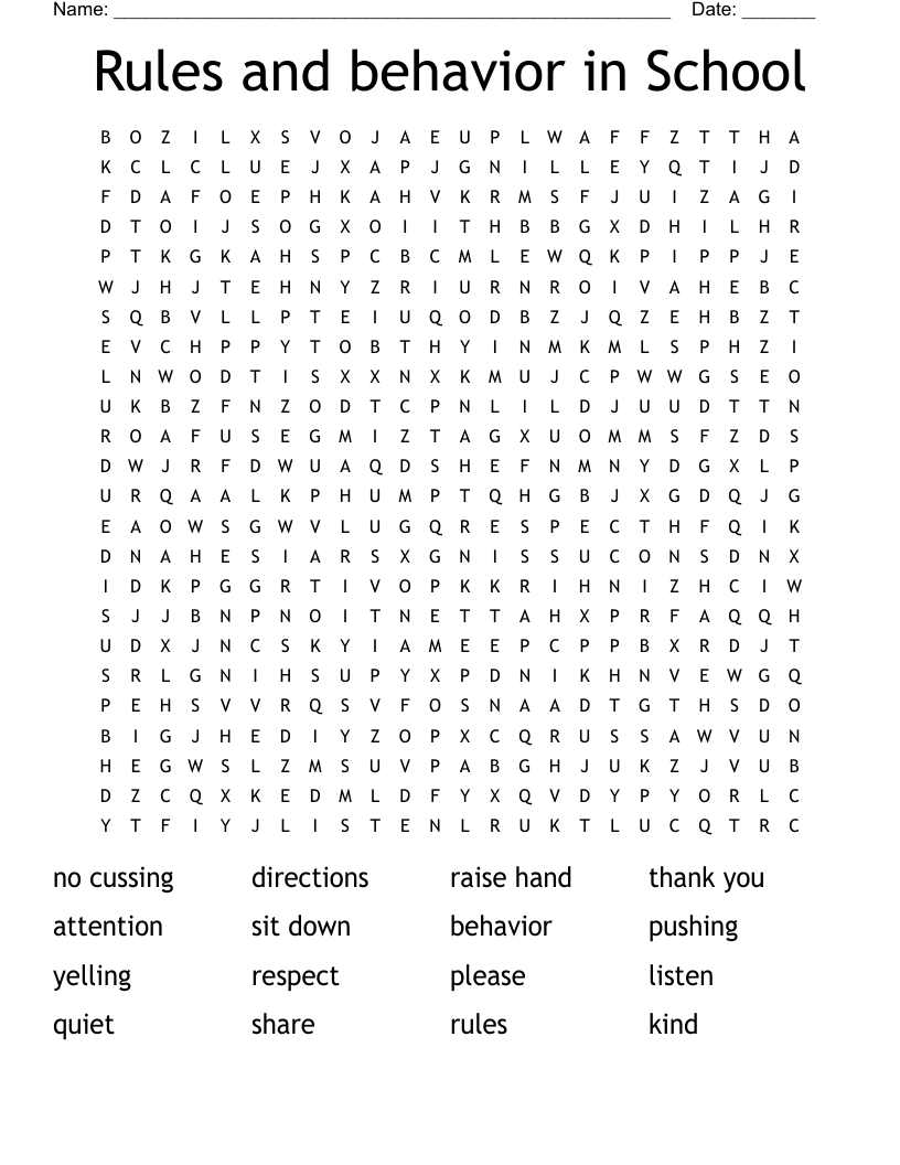 Rules and behavior in School Word Search