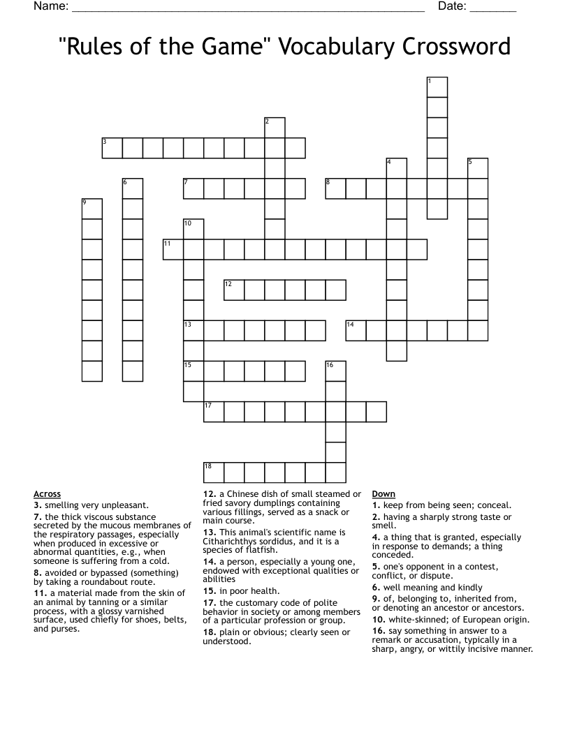 "Rules of the Game" Vocabulary Crossword
