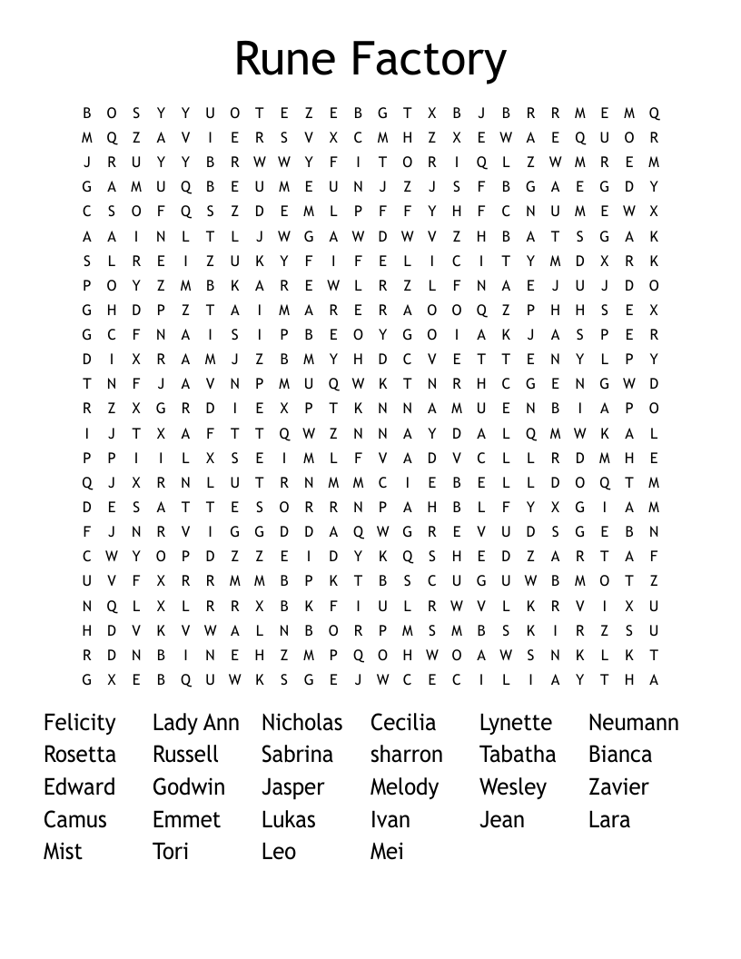 Rune Factory Word Search