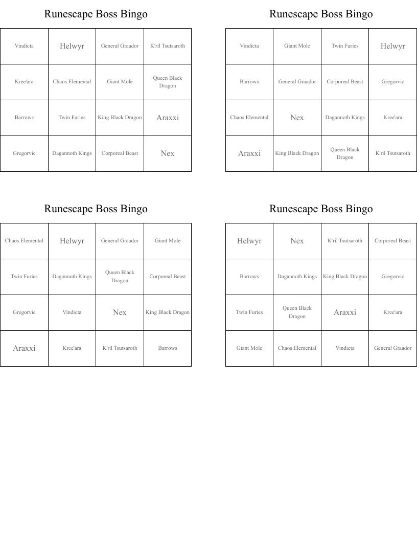 Runescape Boss Bingo