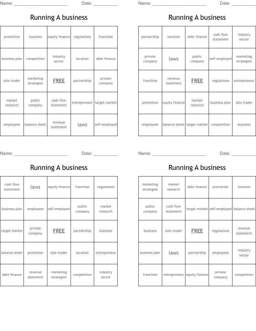 Running A business Bingo Cards