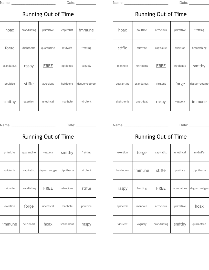 Running Out of Time Bingo Cards