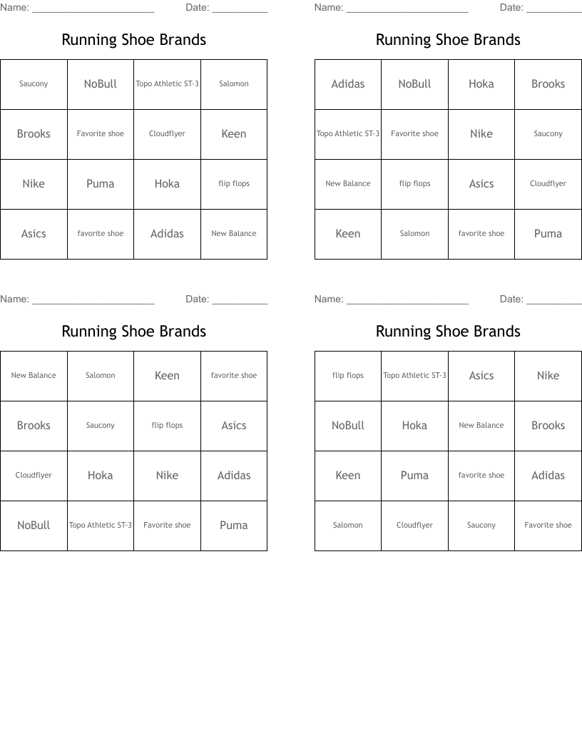 Running Shoe Brands Bingo Cards