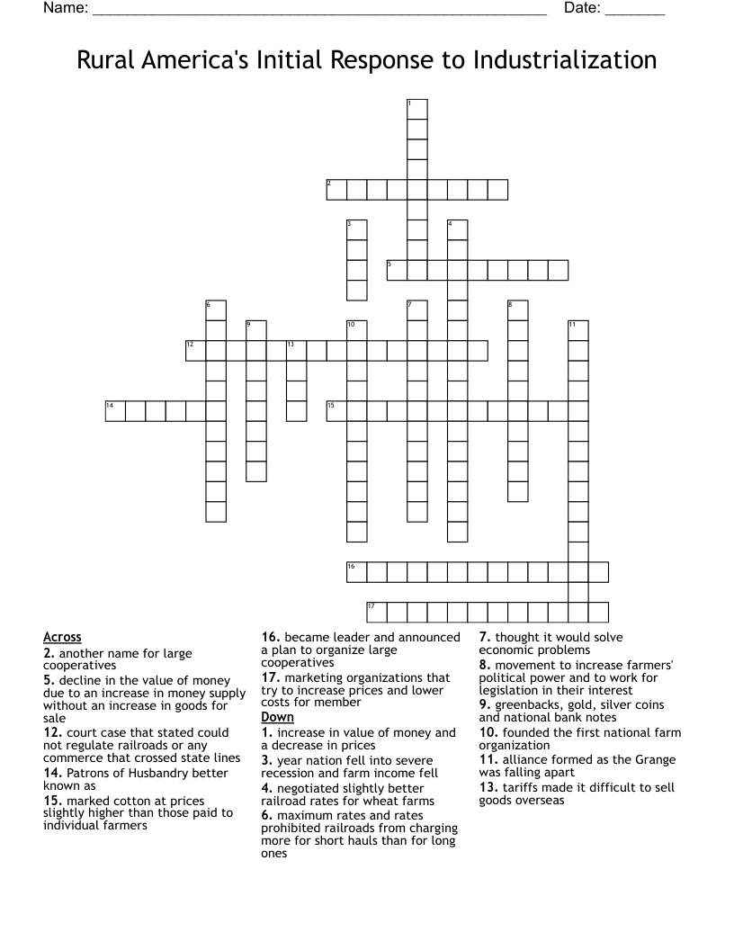 Rural America's Initial Response to Industrialization Crossword