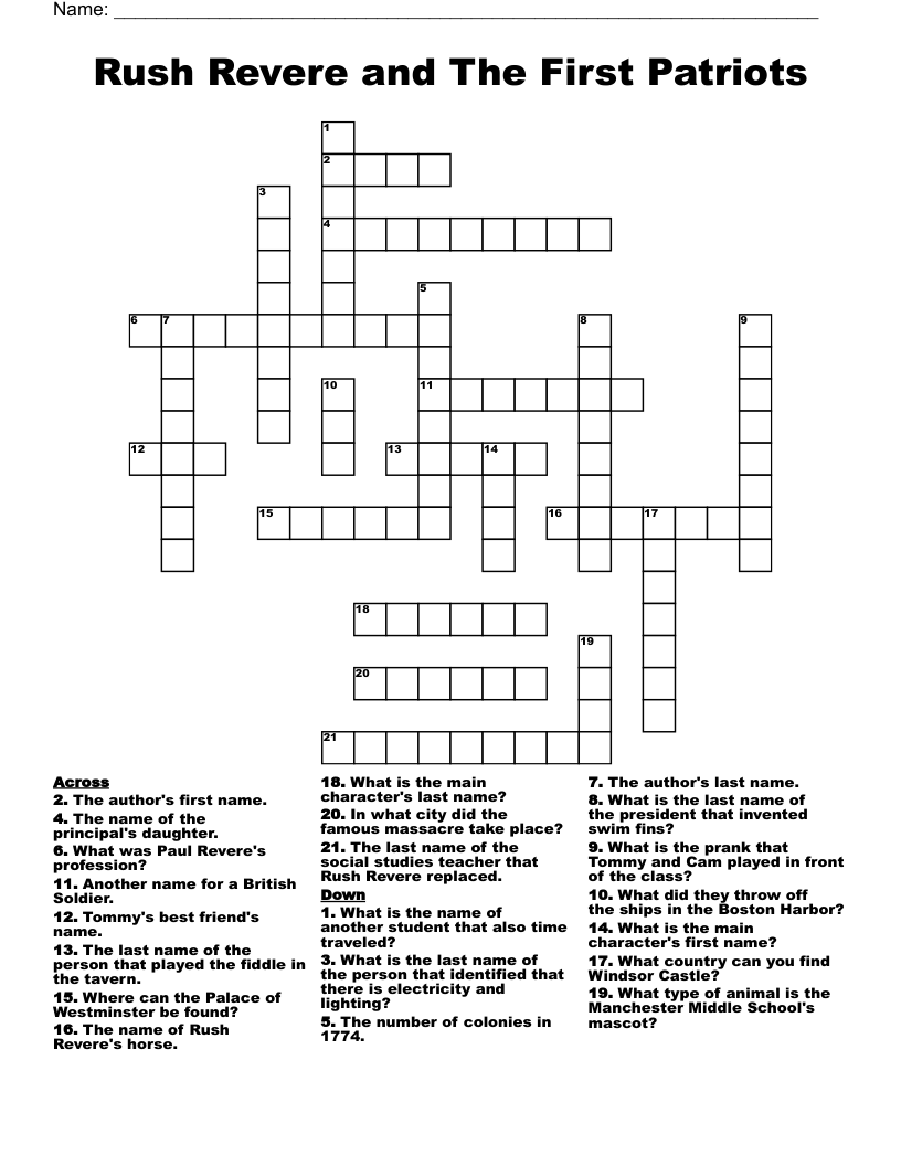 Rush Revere and The First Patriots Crossword
