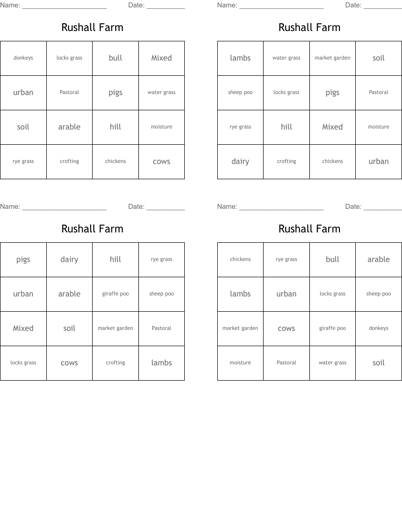 Rushall Farm Bingo Cards