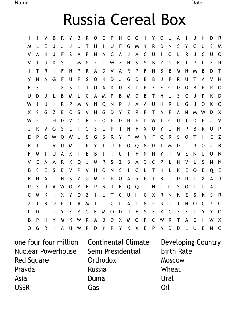 Russia Cereal Box Word Search