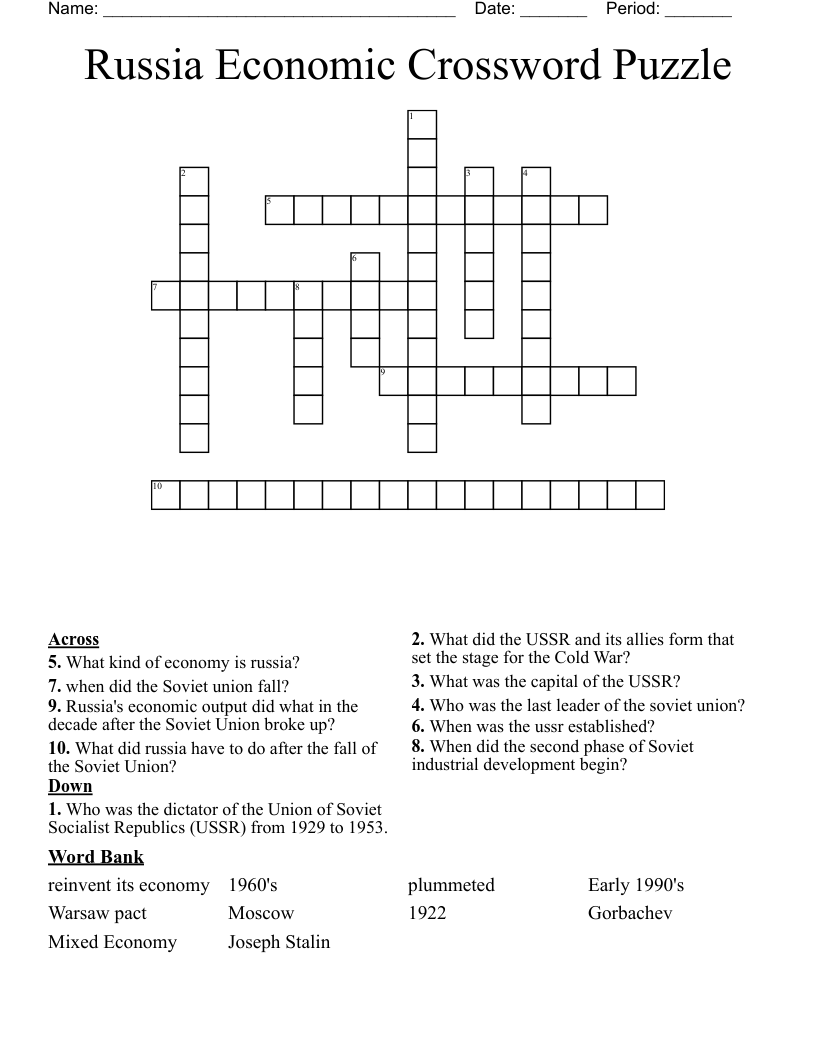Russia Economic Crossword Puzzle