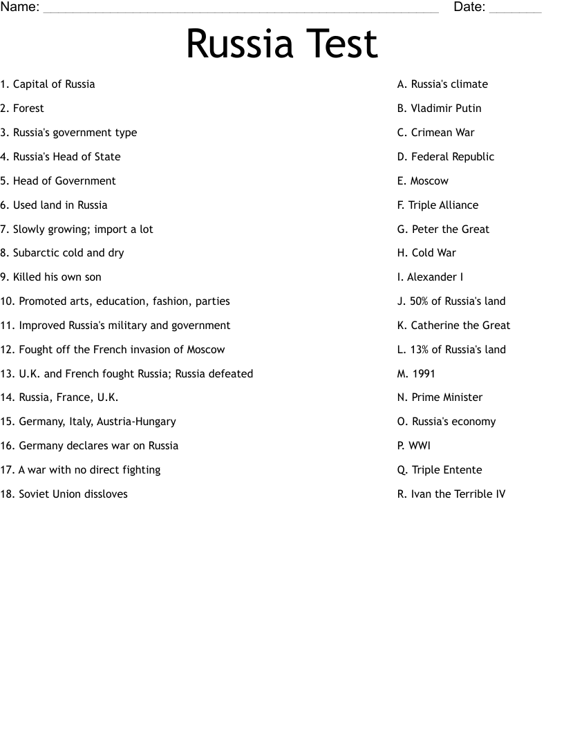 Russia Test Worksheet