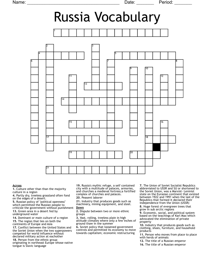 Russia Vocabulary Crossword