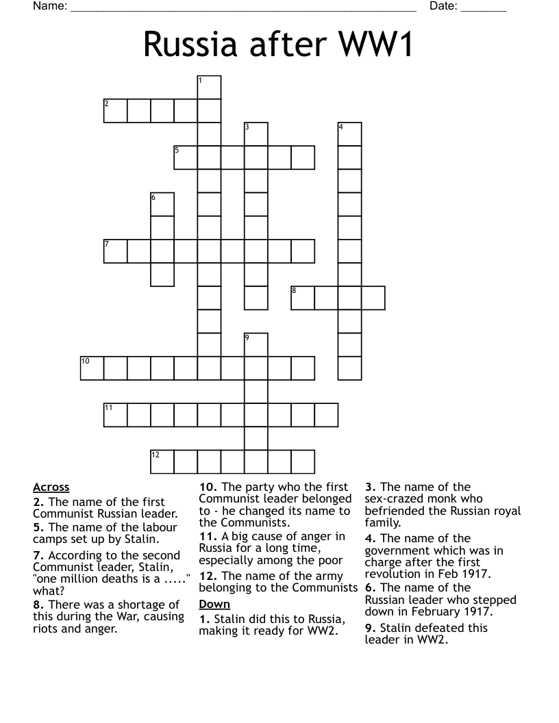 Russia after WW1 Crossword