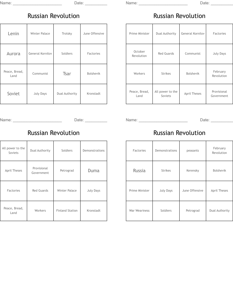 Russian Revolution Bingo Cards