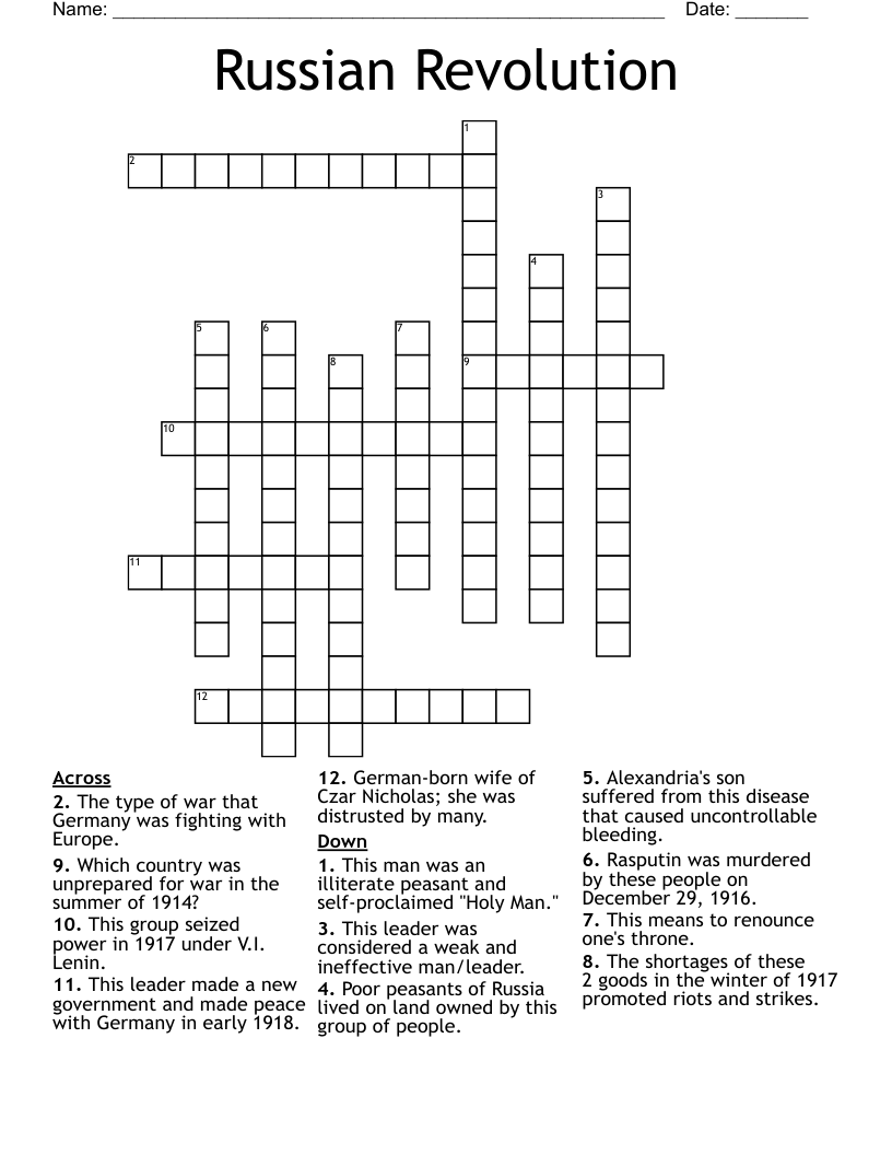 Russian Revolution Crossword