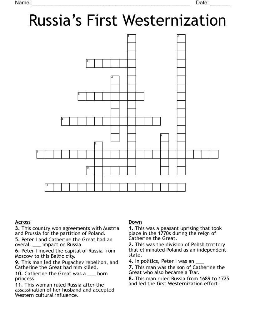 Russia’s First Westernization  Crossword