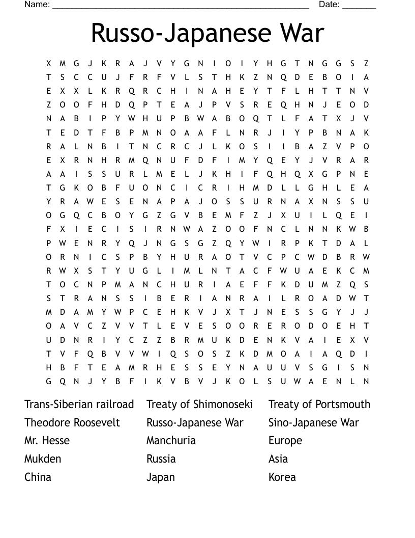 Russo-Japanese War Word Search