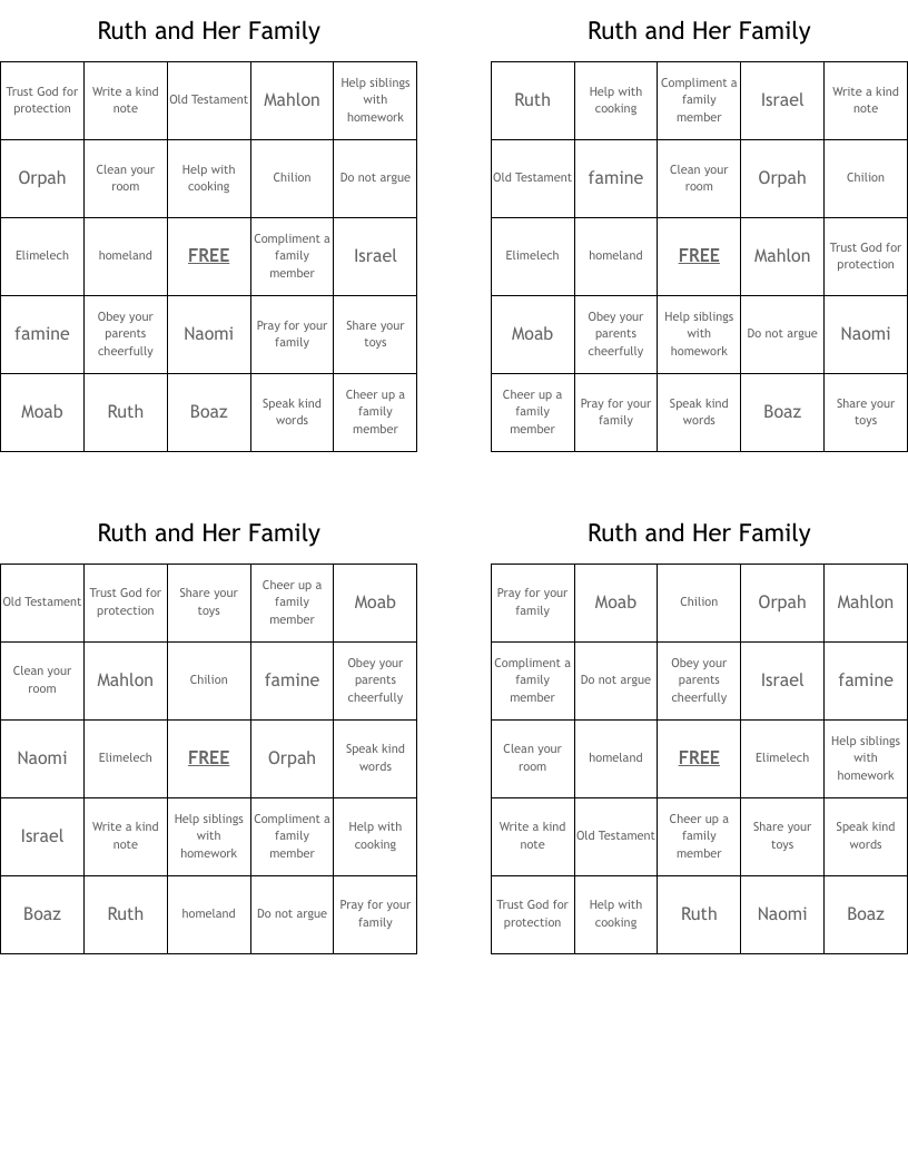 Ruth and Her Family Bingo Cards
