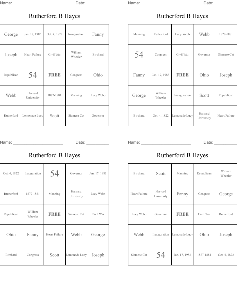 Rutherford B Hayes  Bingo Cards