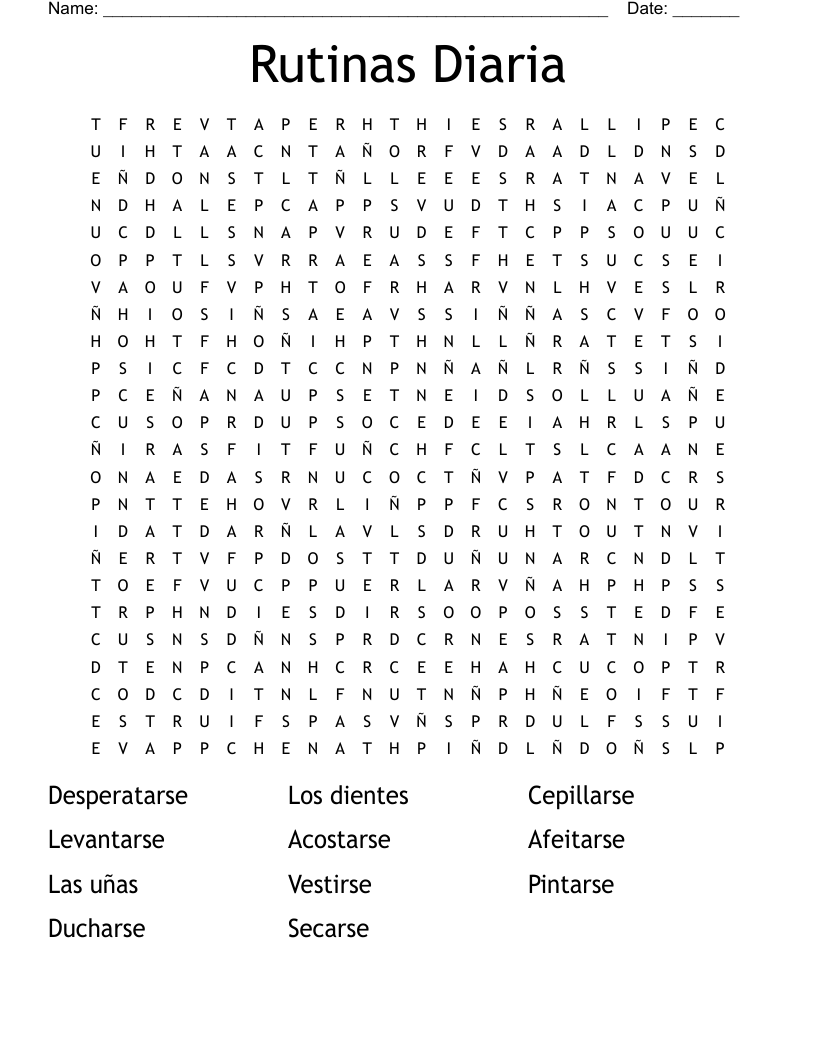 Rutinas Diaria Word Search