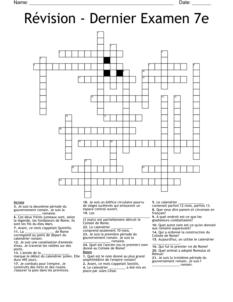 Révision - Dernier Examen 7e Crossword