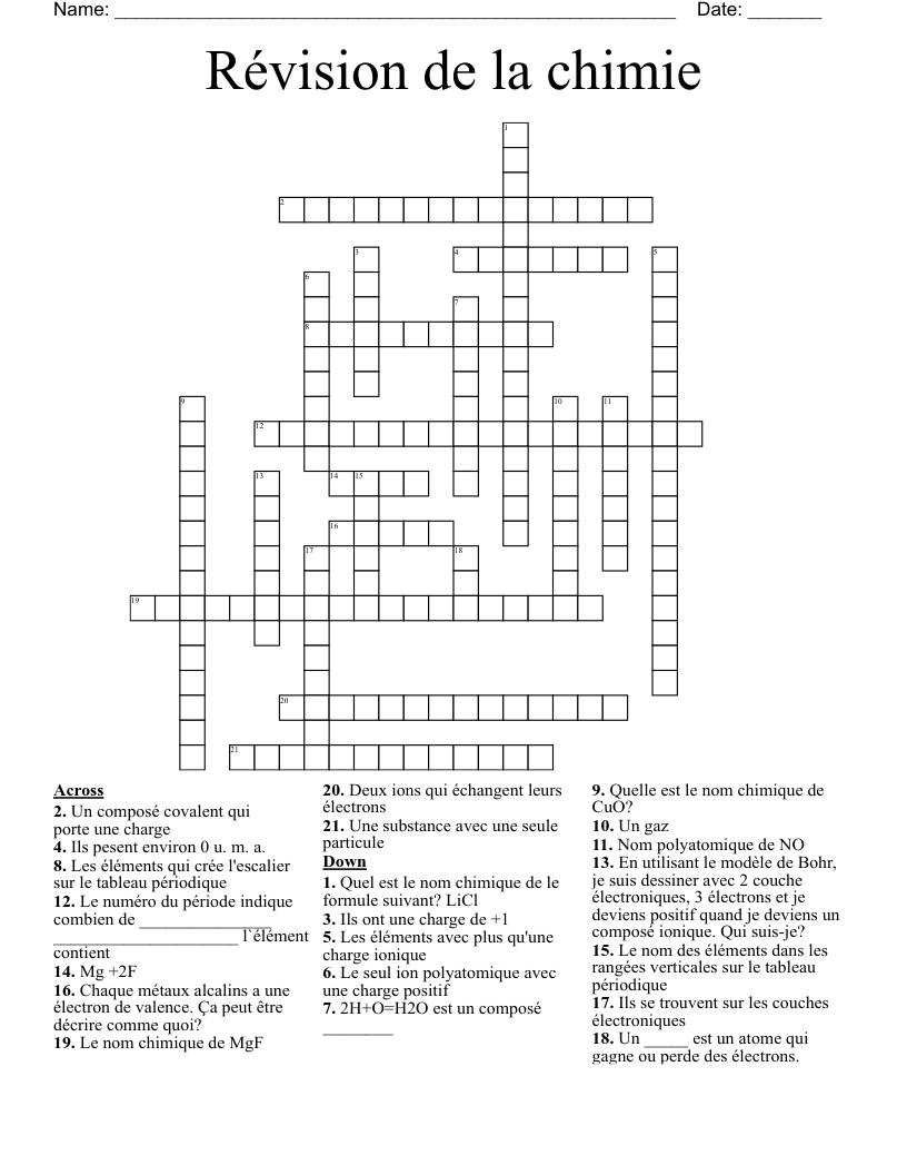 Révision de la chimie Crossword