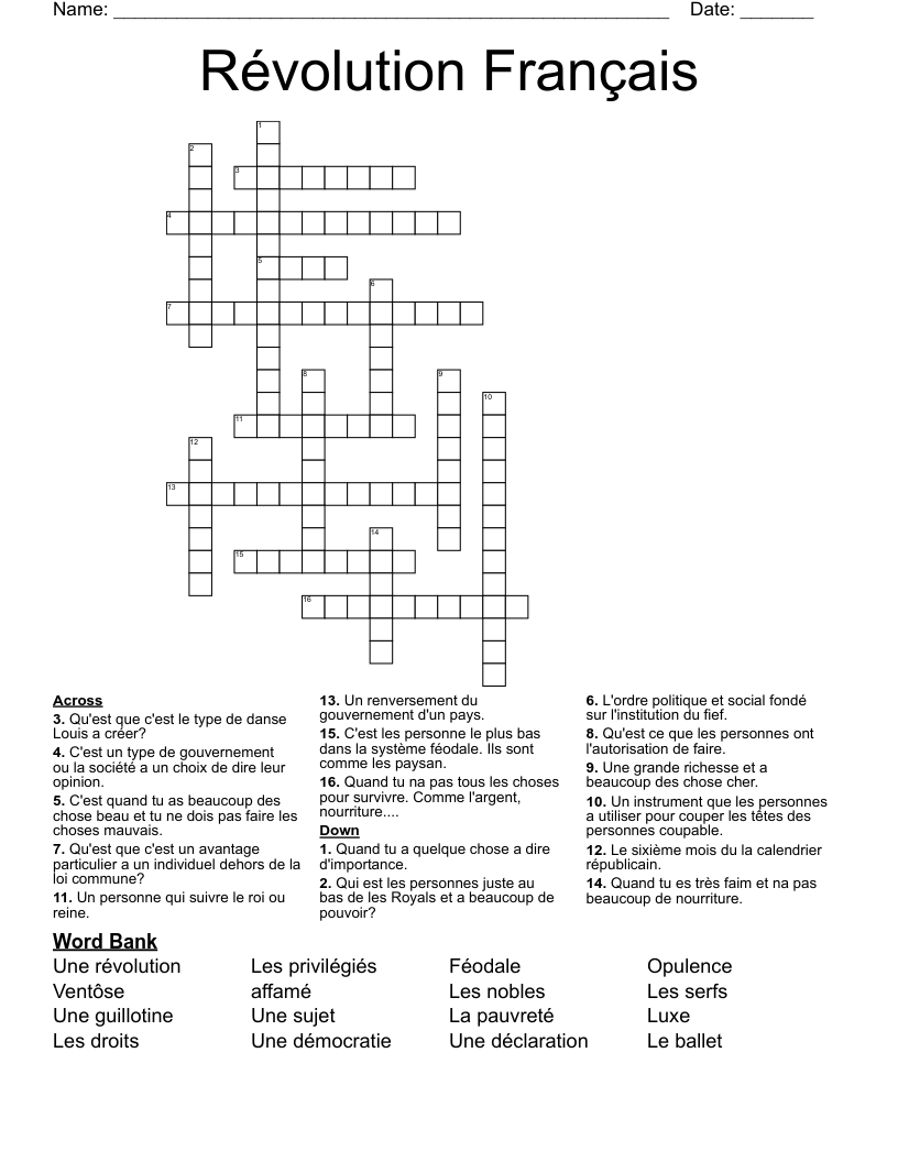 Révolution Français  Crossword