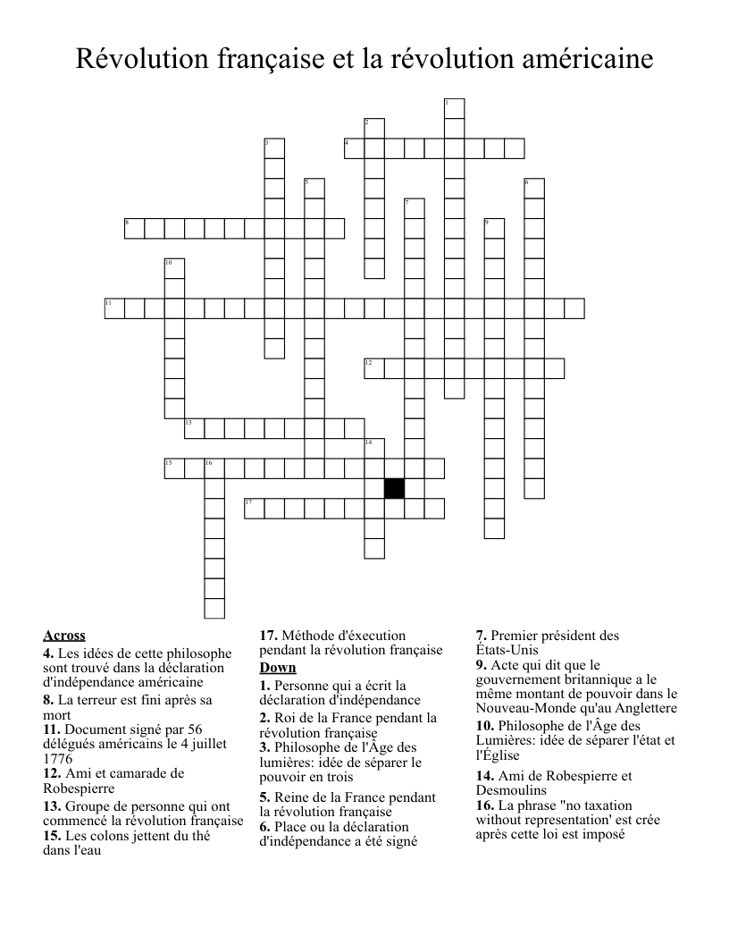 Révolution française et la révolution américaine Crossword