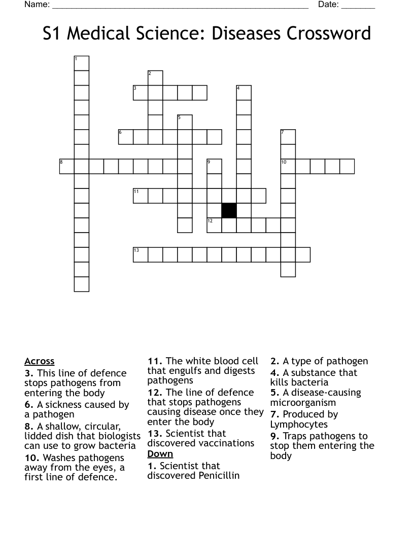 S1 Medical Science: Diseases Crossword
