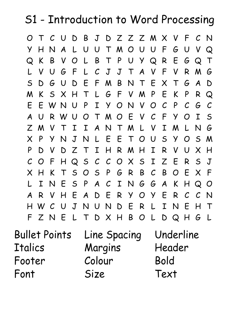 S1 - Introduction to Word Processing Word Search
