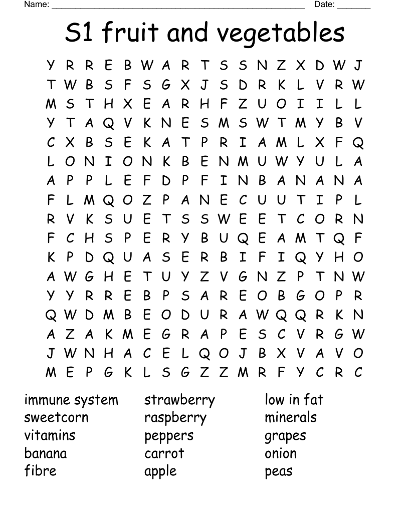 S1 fruit and vegetables Word Search