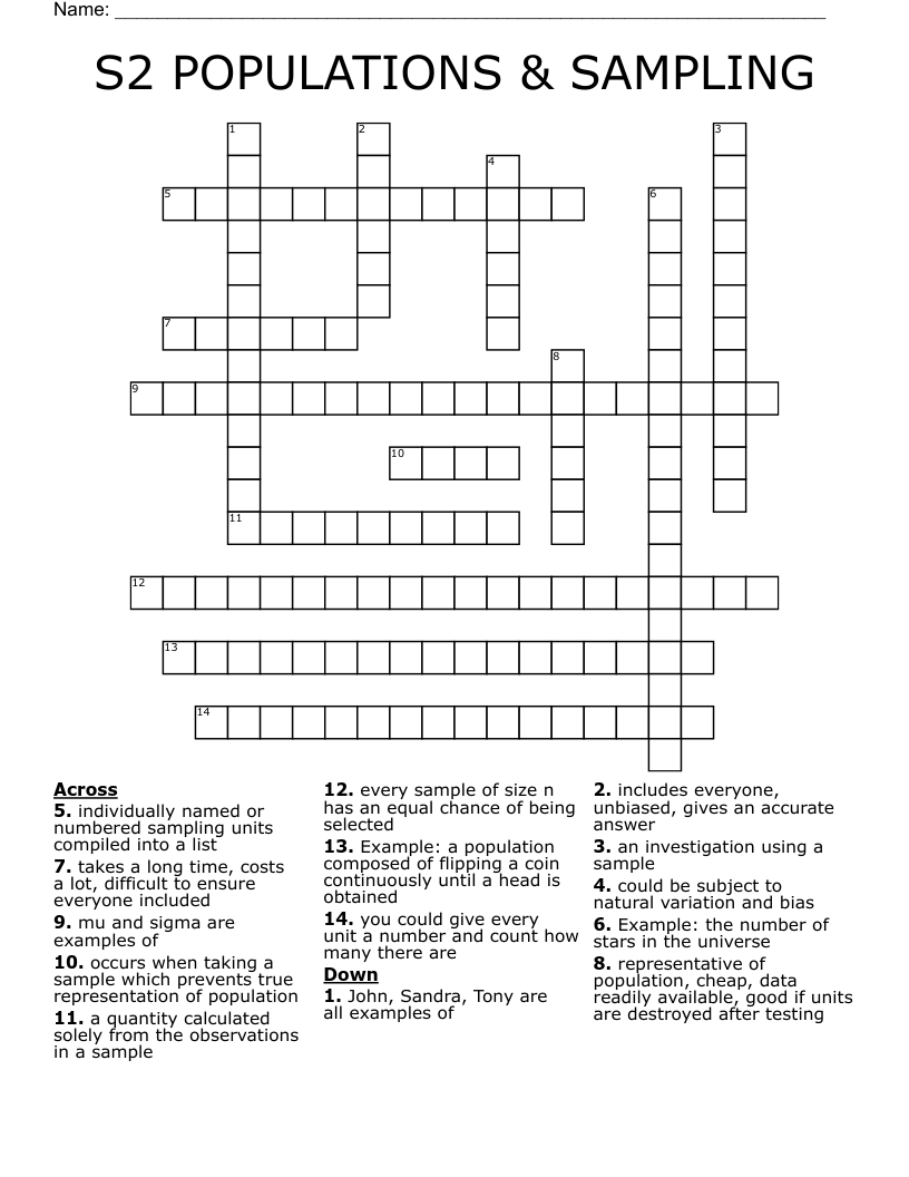 S2 POPULATIONS & SAMPLING Crossword