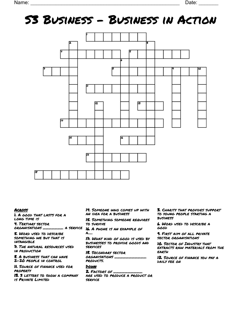 S3 Business - Business in Action Crossword