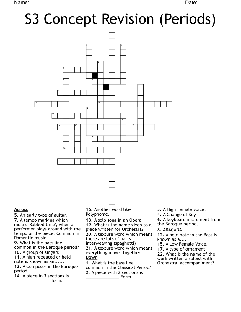 S3 Concept Revision (Periods) Crossword