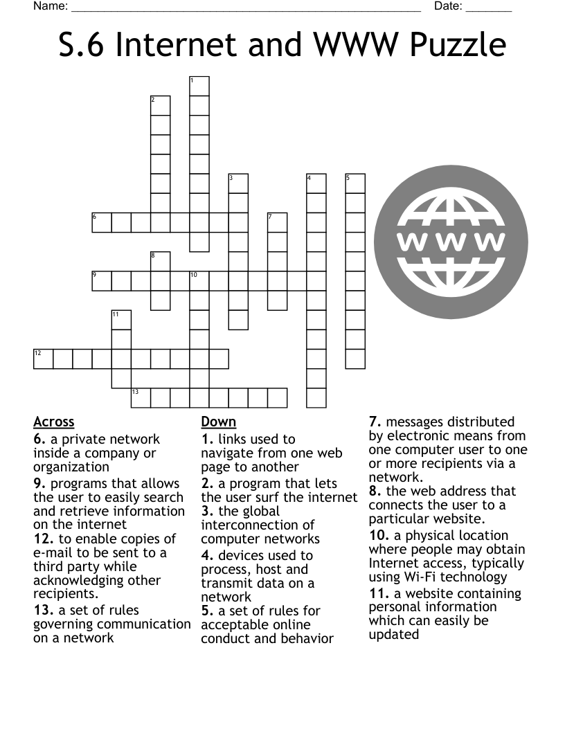 S.6 Internet and WWW Puzzle Crossword