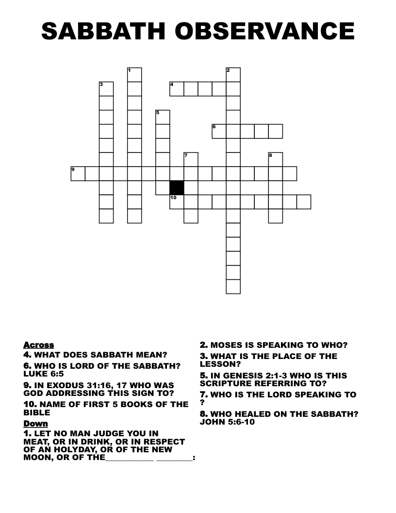 SABBATH OBSERVANCE Crossword