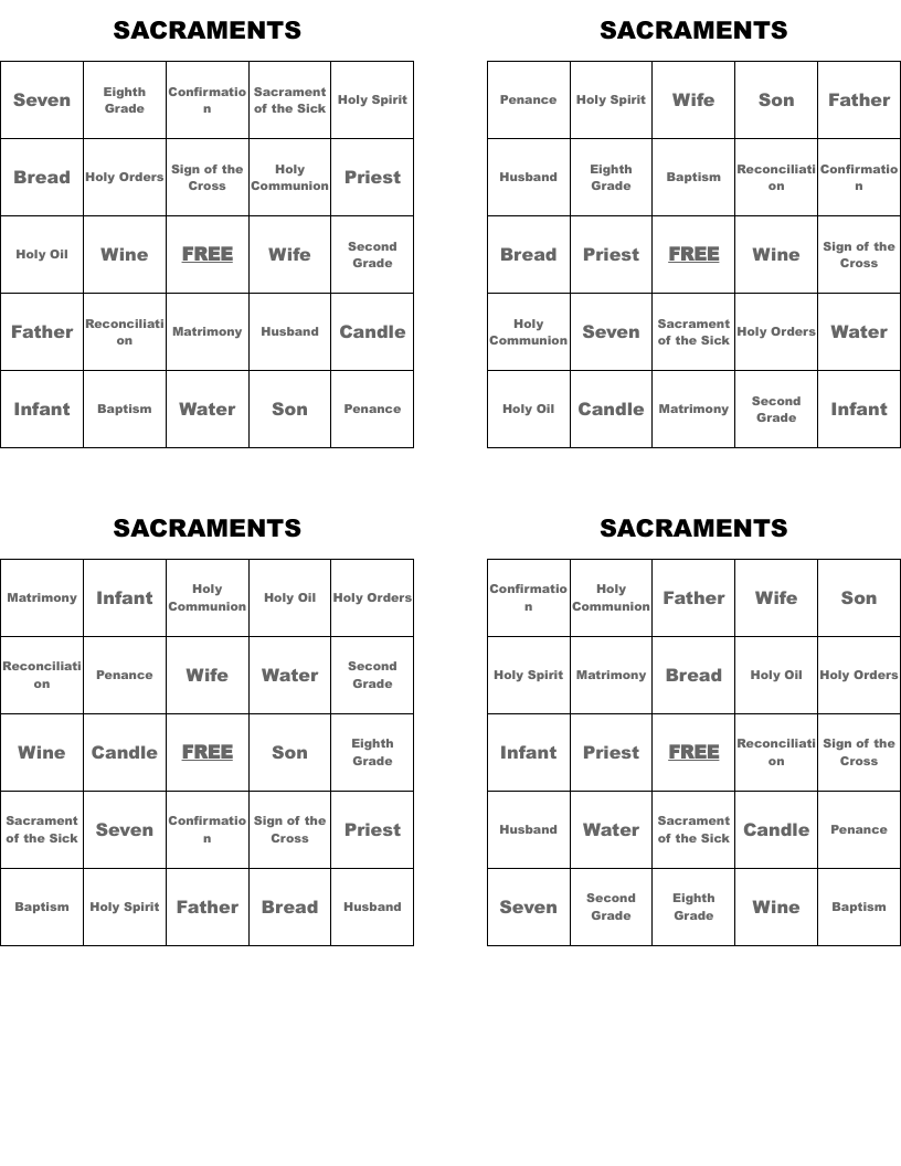 SACRAMENTS Bingo Cards